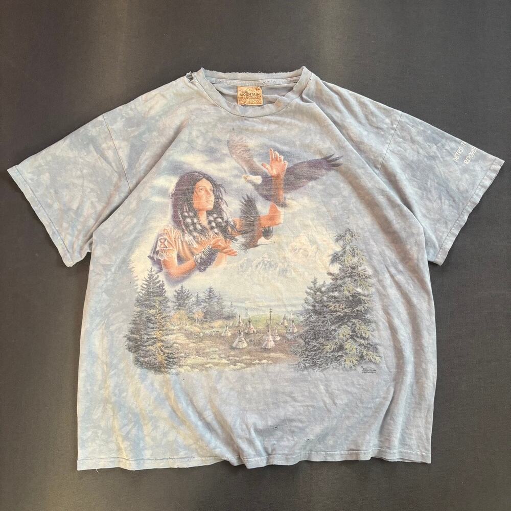 Vintage 1990's The Mountain Native AOP Cotton T-Shirt Blue Gray Sz XL
